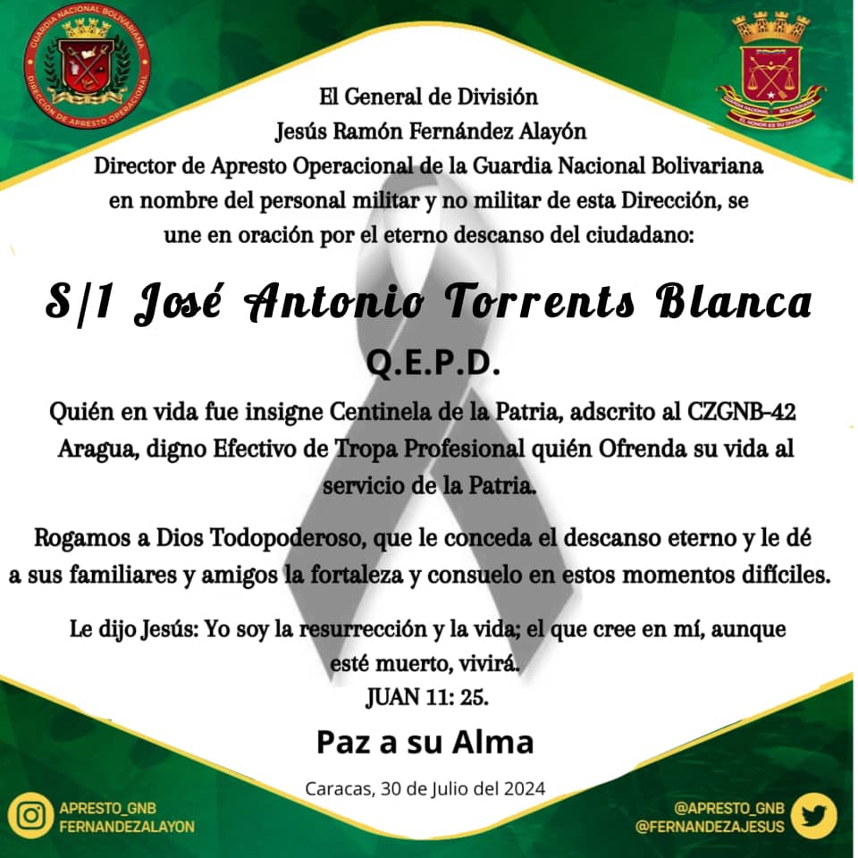 Expresamos nuestras más sinceras palabras de condolencias para la familia Torrents Blanca, por el sensible fallecimiento de nuestro S/1.- José Antonio Torrents Blanca, promoción 106 con honor en la protección de la Patria. Que Dios Todopoderoso conceda el consuelo y la paz ¡Amén!