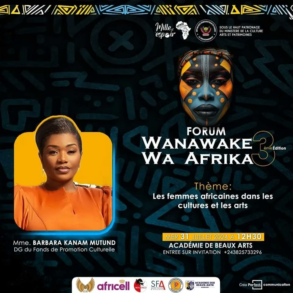 Le compte à rebours à commencé ! 
31 juillet 2024 RDV à l'académie des beaux-arts pour la 3ème édition du Forum WANAWAKE WA AFRIKA sous le thème : Les femmes africaines dans les cultures et les arts" 
KARIBU!!! #boyeyimalamu🤝#milleetunespoir 
#mwasiyamotuya 
#wanawakewaafrika