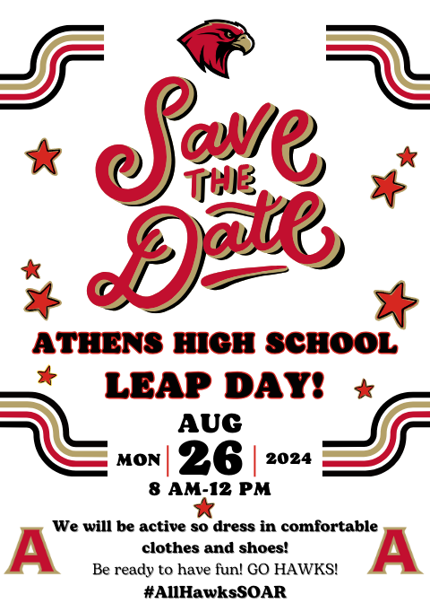 Megan Henry (@mhenry_1) on Twitter photo Attention All Incoming 9th Grade Athens Red Hawks, Class of 2028! Save the Date for our 2024 LEAP Day!
August 26th from 8am-12pm @ Athens High School. More information will be forthcoming on August 9th.
We can't wait to meet you! #GoHawks #AllHawksSOAR <a href="/Mr_Burden_TA/">Just Call Me Coach Burden</a> Attention All Incoming 9th Grade Athens Red Hawks, Class of 2028! Save the Date for our 2024 LEAP Day!
August 26th from 8am-12pm @ Athens High School. More information will be forthcoming on August 9th.
We can't wait to meet you! #GoHawks #AllHawksSOAR <a href="/Mr_Burden_TA/">Just Call Me Coach Burden</a>