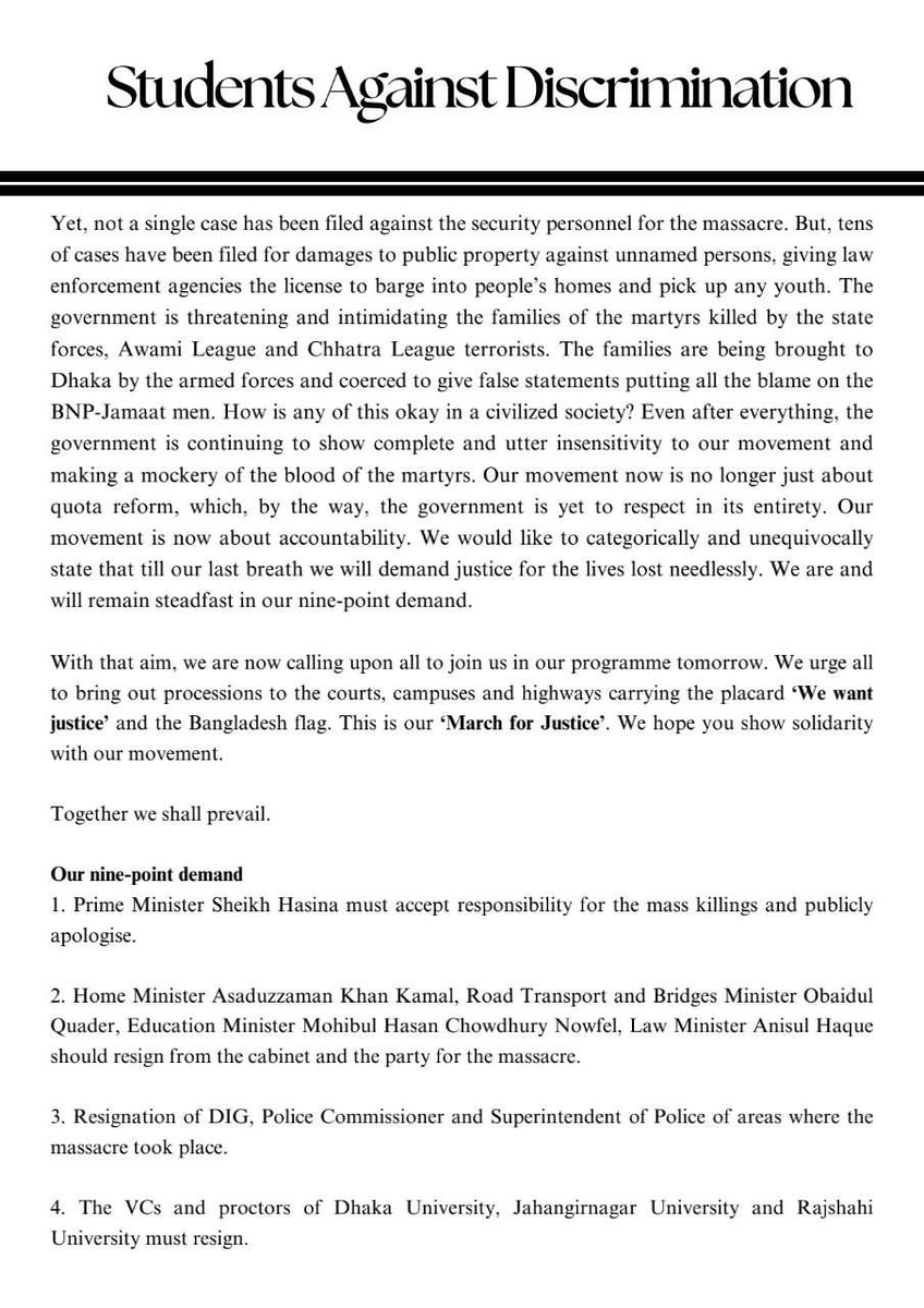 PPTusti's tweet photo. Press Release for International Media and Organisations about "March for Justice".
Abdul Hannan Masud
Convenor
Students Against Discrimination
#SaveBangladeshiStudents #StepDownHasina @CNN @nytimes @FoxNews @un https://t.co/XBuQHhsMPM