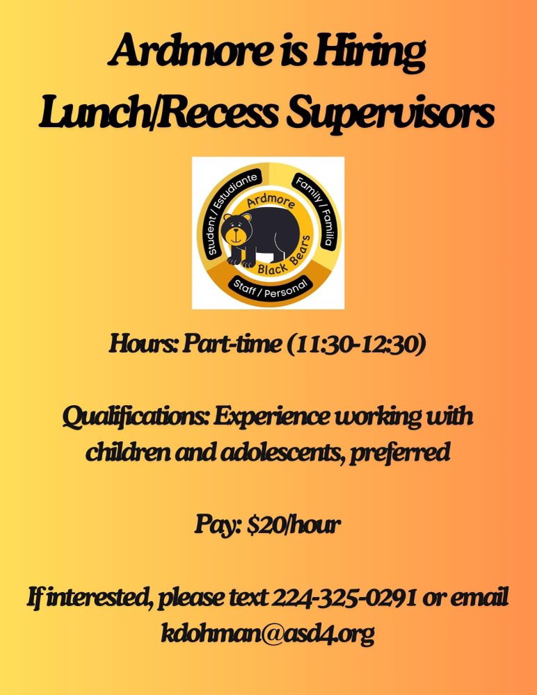 Hola Famila Ardmore💚
Si esta buscando un tiempecito fuera de la casa, nuestro distrito está necesitando supervisores de lonche!! Mándenos un texto a este número ⬇️⬇️⬇️⬇️☺️
