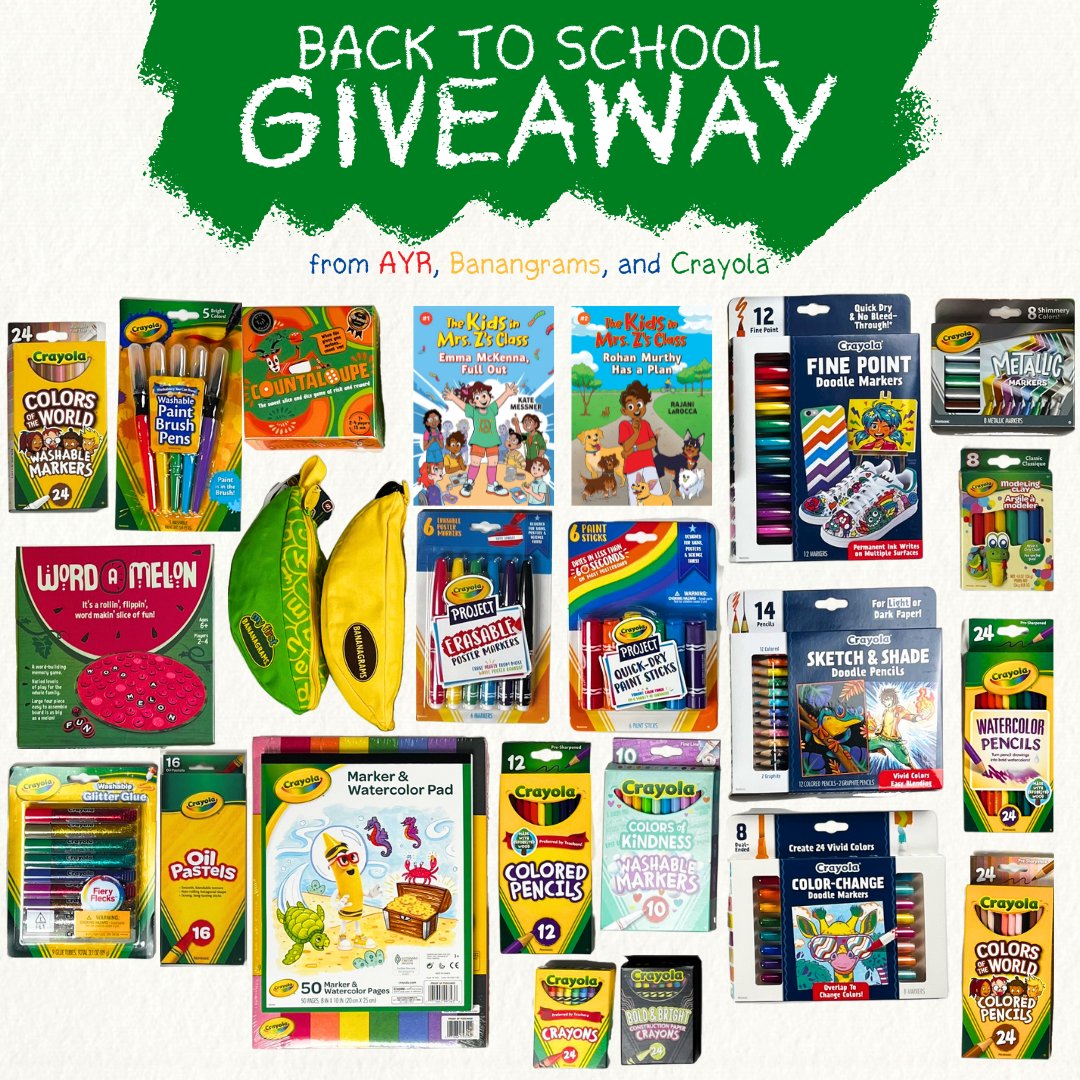 KateMessner's tweet photo. Friends! @AlgonquinYR is doing an incredible Back-to-School giveaway for THE KIDS IN MRS. Z'S CLASS in partnership with @Crayola and @bananagrams, and just look at all the amazing loot you can win! 

Enter by 7/31 - here are all the details: 
https://t.co/SvBwNcmVeY https://t.co/GWbMmwlhEk