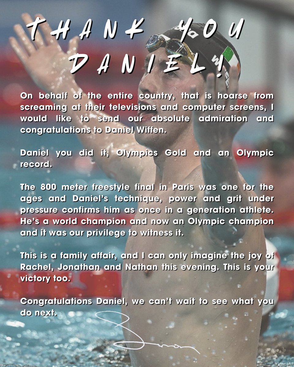 On behalf of the entire country, that is hoarse from screaming at their televisions and computer screens, I would like to send our absolute admiration and congratulations to Daniel Wiffen.

Daniel you did it, Olympics Gold and an Olympic record.

My statement below: