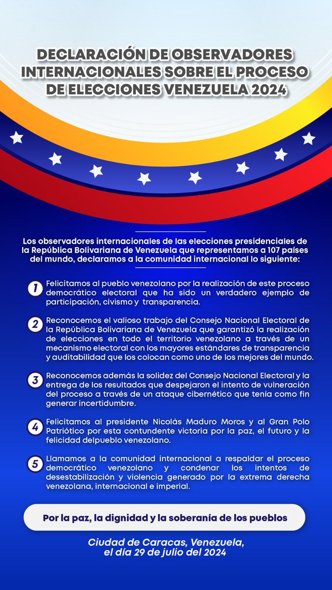 Los Observadores Internacionales de 107 países del mundo se manifestaron de acuerdo a los recientes resultado electorales en nuestro país.

#CarcelPaLaSayona
<a href="/NicolasMaduro/">Nicolás Maduro</a> 
<a href="/ConCiliaFlores/">Cilia Flores</a> 
<a href="/MagaGutierrezV/">Magaly Gutiérrez Viña</a>