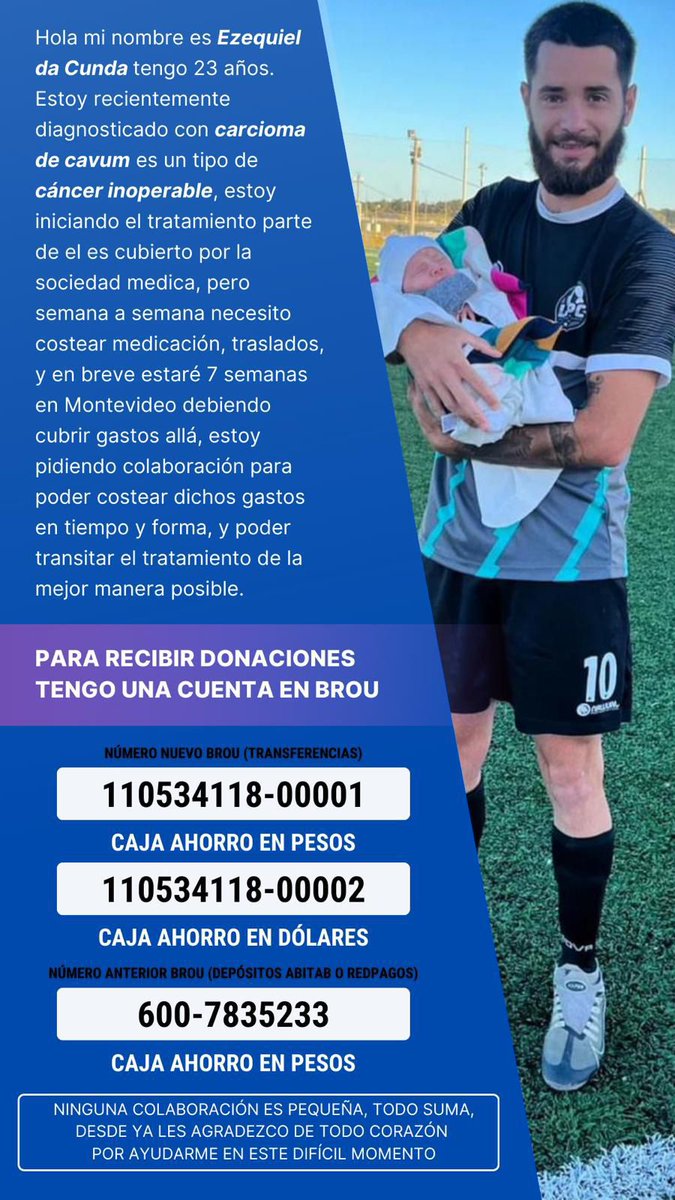 📍#Atención #Colaboración Ezequiel da Cunda tiene 23 años. Está diagnosticado con carcioma de cavum es un tipo de cáncer inoperable.
