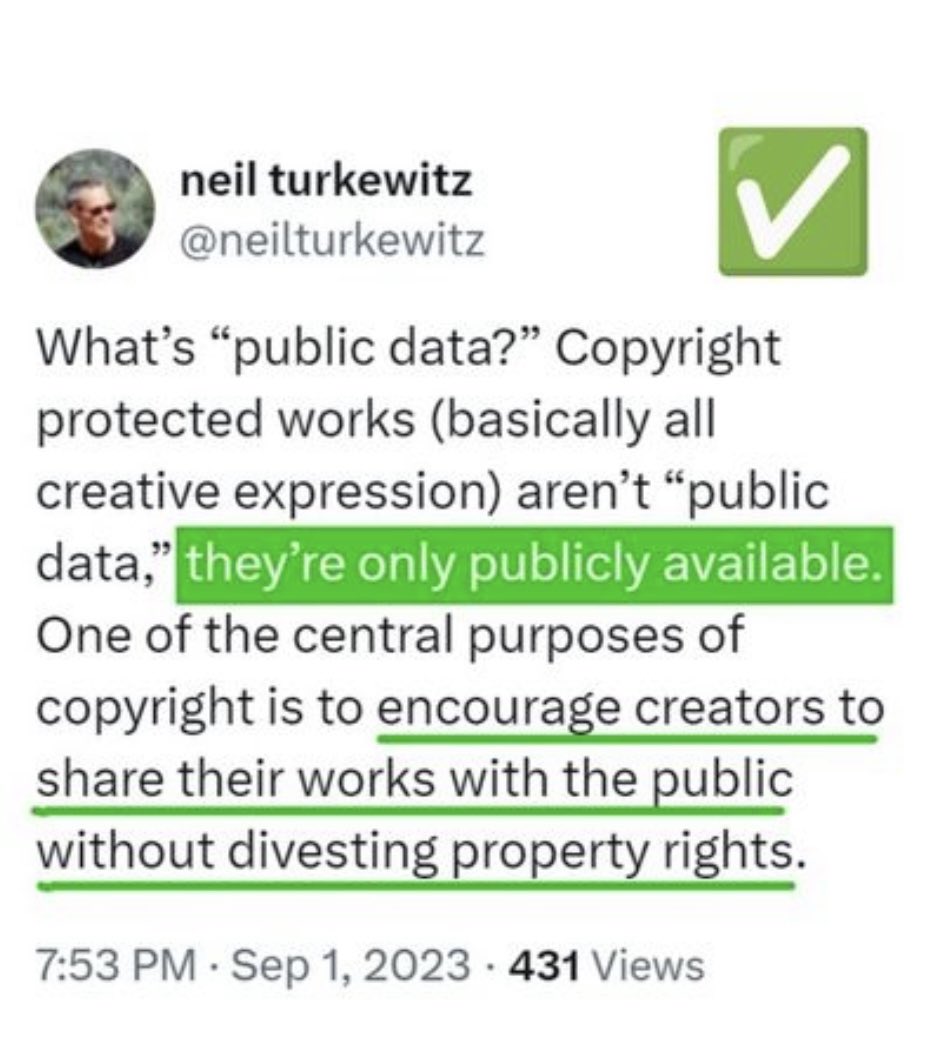 🏮Zakuga Art🏮 (@zakugamignon) on Twitter photo My brother in arms <a href="/neilturkewitz/">neil turkewitz</a> in Art news today with the best quote I’ve seen about copyright.
It’s not public data. It’s publicly available because we have copyright. My brother in arms <a href="/neilturkewitz/">neil turkewitz</a> in Art news today with the best quote I’ve seen about copyright.
It’s not public data. It’s publicly available because we have copyright.