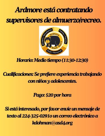 Hello Ardmore Family💚 If you are looking for some time away from home while the kids are at school, our district is in need of Lunch Supervisors!! Text us to this number if you are interested ☺️⬇️⬇️⬇️⬇️☺️