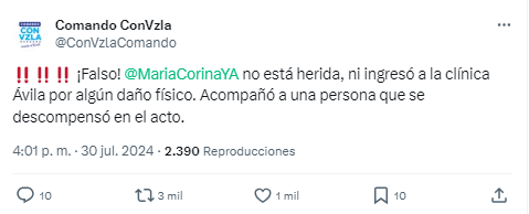 EsPajaVe's tweet photo. ‼️⚠️🚨 Ojo: Es falso que María Corina Machado haya sido ingresada a una clínica hoy #30Jul.

@ConVzlaComando aclaró que está bien de salud y lo que se muestra en el video es el momento en que acompañó a una persona a la clínica El Ávila luego de que se descompensara en la asamblea ciudadana que se realizó en Altamira, Caracas.