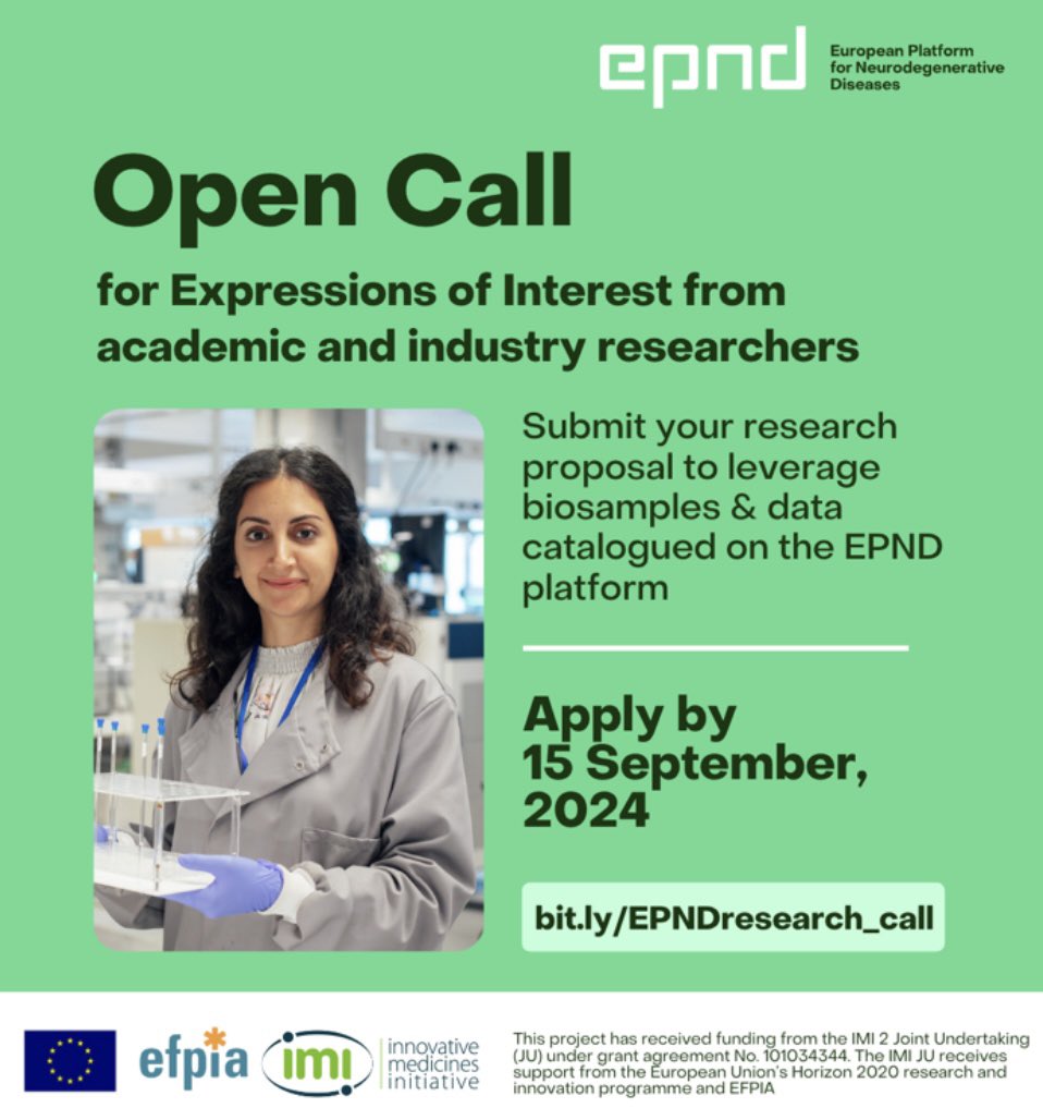 imi_epnd's tweet image. Interested in the EPND research Call? Want to discover, access or share #biosamples and data from #neurodegeneration research studies? Come and meet team #EPND at @AlzData booth 1224! #AAIC24 @alzassociation