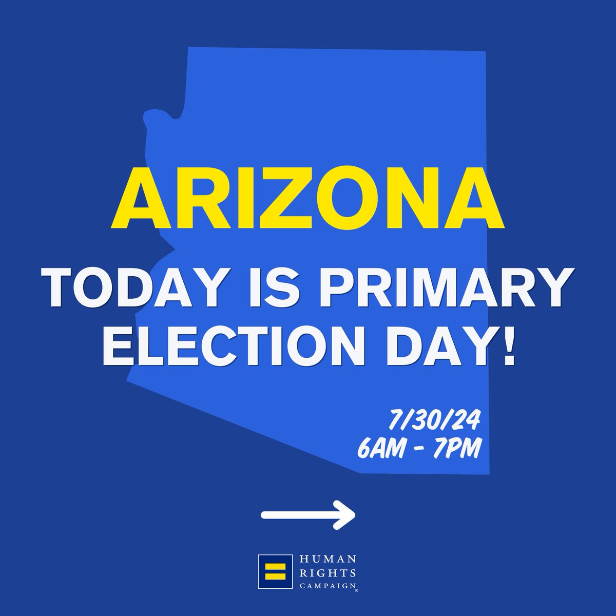 HRCaz's tweet photo. It's Primary Election Day in Arizona! 🗳️ Every vote counts, so make sure you get out and make your voice heard! You can cast your ballot in person or drop it off by 7 PM TONIGHT. #YourVoteMatters #AZPrimary #HRCArizona #humanrightscampaign https://t.co/MAe0ak5xvY