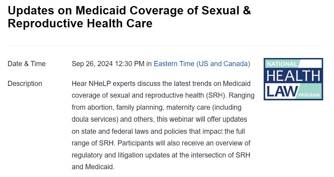 NHeLP_org's tweet photo. Join @NHeLP experts as they explore the latest trends in Medicaid coverage of sexual &amp; reproductive health (SRH), including abortion, family planning, and maternity care. Get updates on laws, policies, &amp; litigation at the intersection of SRH &amp; Medicaid.  https://t.co/k7bIU7e2Oq https://t.co/FKrIgBaKs8
