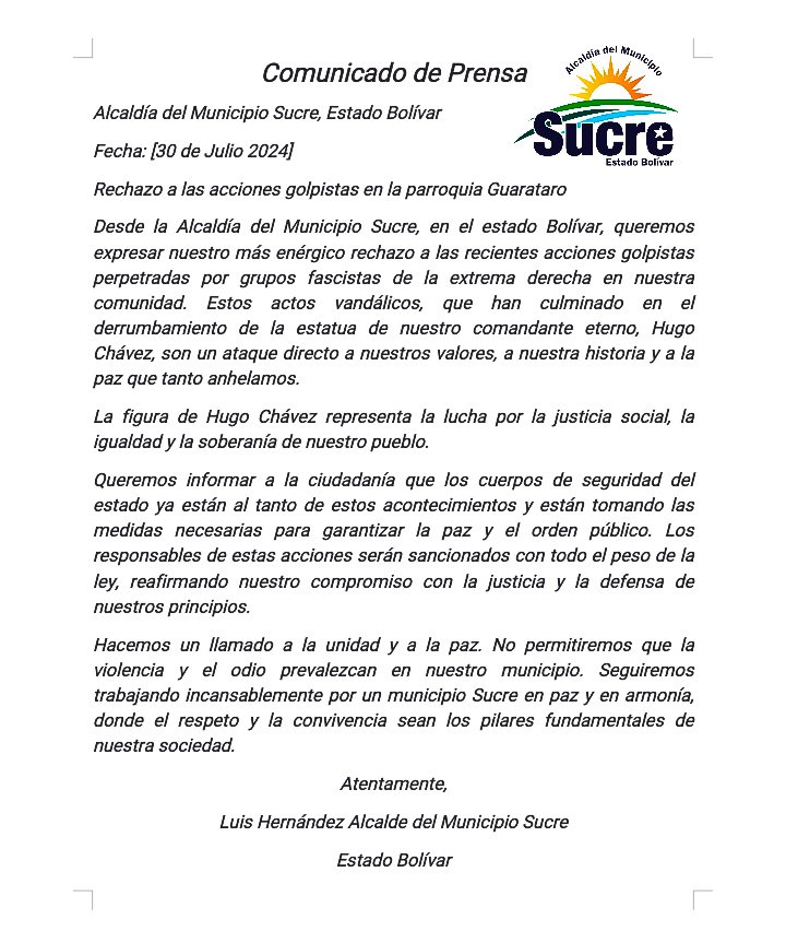 Luis Hernandez (@luishpsuv) on Twitter photo Repudiamos todos los actos de vandalismo que ha perpetrado la derecha fascista y corrupta en nuestra parroquia Guarataro.
<a href="/NicolasMaduro/">Nicolás Maduro</a>
<a href="/TarekWiliamSaab/">Tarek William Saab</a>
<a href="/amarcanopsuv/">Ángel Marcano</a>
<a href="/dcabellor/">Diosdado Cabello R</a>
<a href="/HectoRodriguez/">Héctor Rodríguez C.</a>
<a href="/alexroca1/">Alexis Rodriguez C.</a> Repudiamos todos los actos de vandalismo que ha perpetrado la derecha fascista y corrupta en nuestra parroquia Guarataro.
<a href="/NicolasMaduro/">Nicolás Maduro</a>
<a href="/TarekWiliamSaab/">Tarek William Saab</a>
<a href="/amarcanopsuv/">Ángel Marcano</a>
<a href="/dcabellor/">Diosdado Cabello R</a>
<a href="/HectoRodriguez/">Héctor Rodríguez C.</a>
<a href="/alexroca1/">Alexis Rodriguez C.</a>
