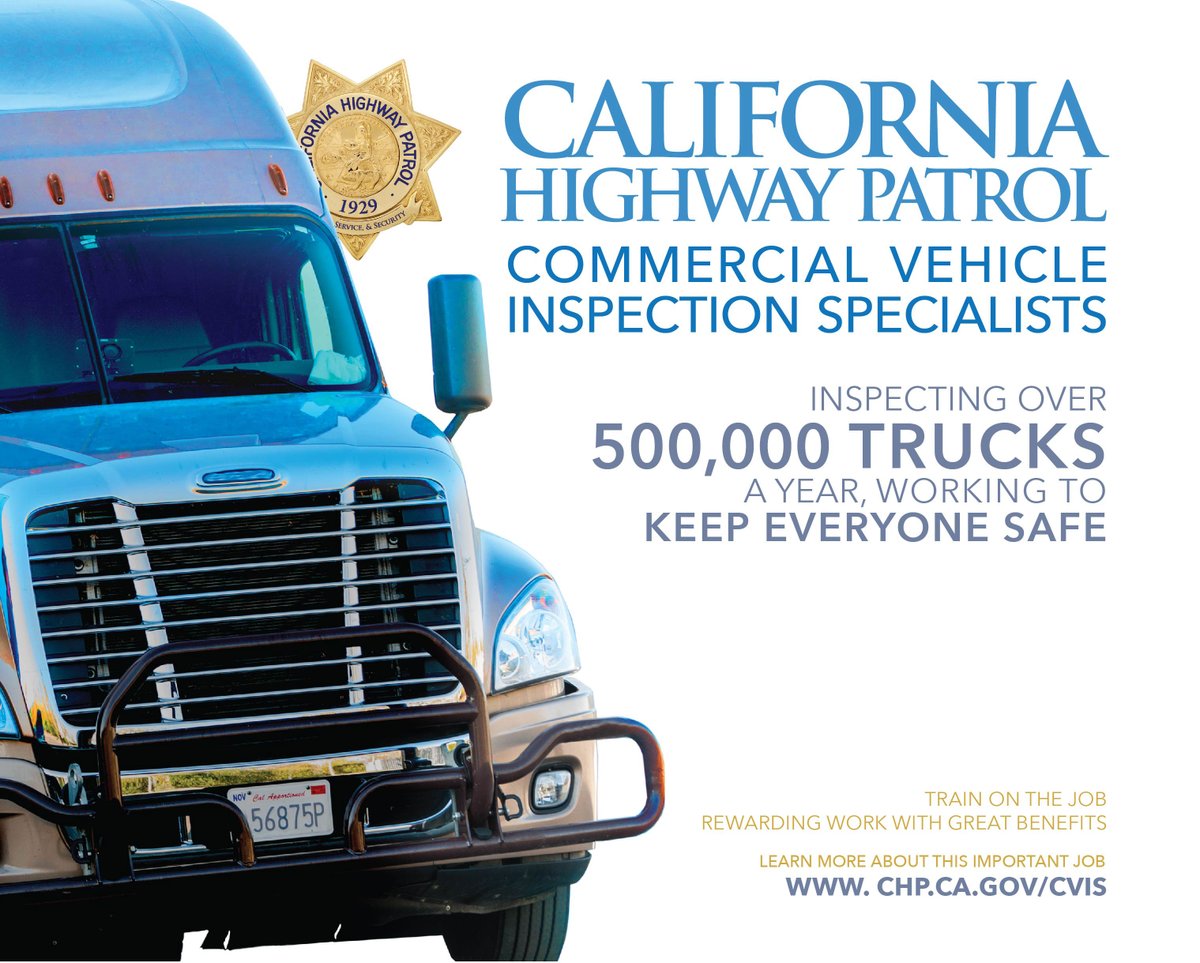 The Commercial Vehicle Inspection Specialist exam is now open!!  Final Filing Date-09/19/2024; Written Test-   11/02/2024; List Release Date (approx)-Nov. 2024. We have several job vacancies and looking for good people!  
See Recruitment.ca.gov for more info!