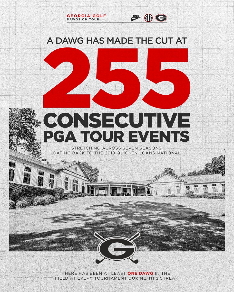 UGAGolf's tweet photo. Dawgs are  𝗦 𝗧 𝗥 𝗘 𝗔 𝗞 𝗜 𝗡 𝗚 !

A former Bulldog has not only been in the field but has made the cut in the last 255 PGA Tour events! That streak spans across seven seasons. 

#GoDawgs | #DawgsOnTour https://t.co/6RVJtpFNNh