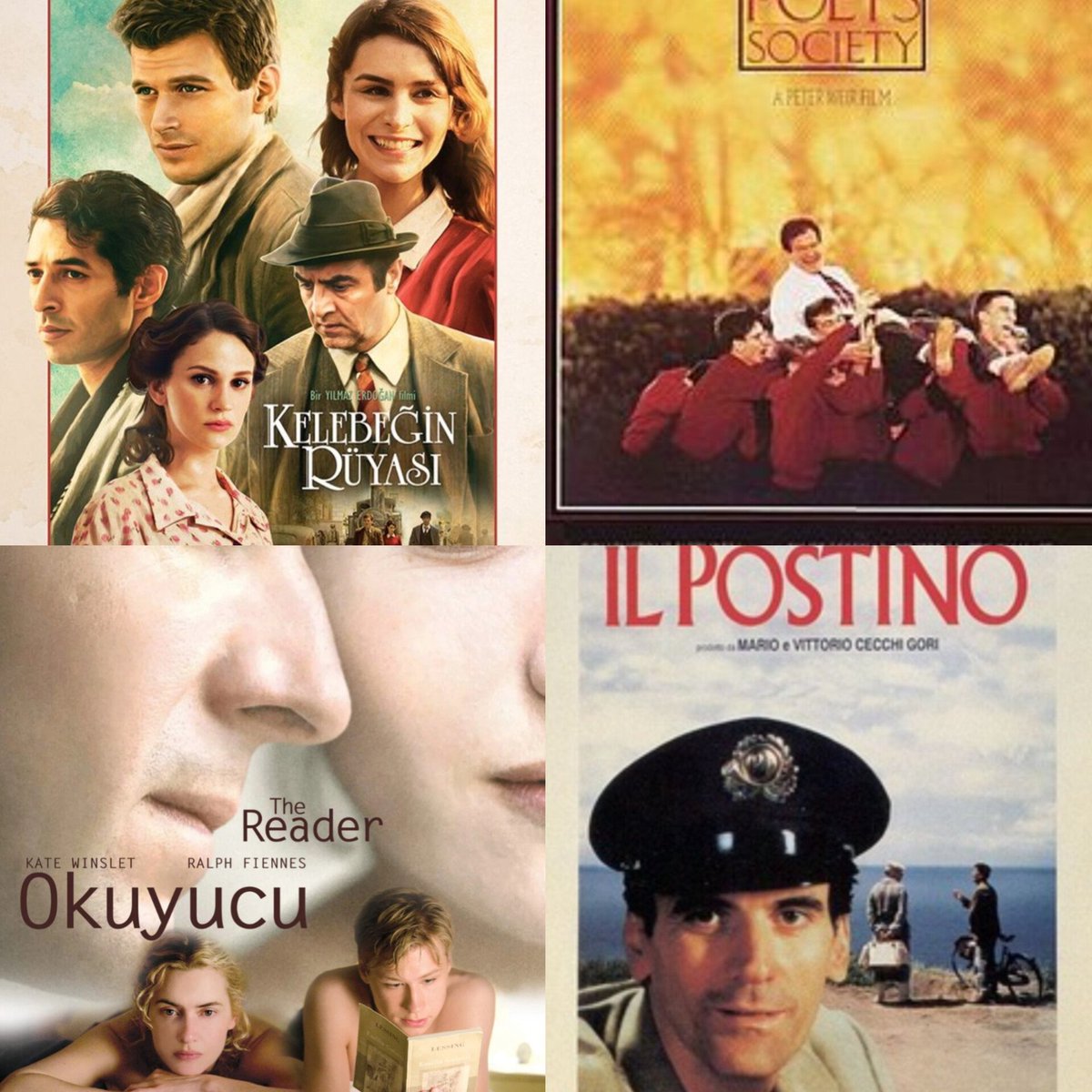 Edebiyat konulu filmler. 
Kelebeğin Rüyası
Ölü Ozanlar Derneği
Okuyucu
Postacı