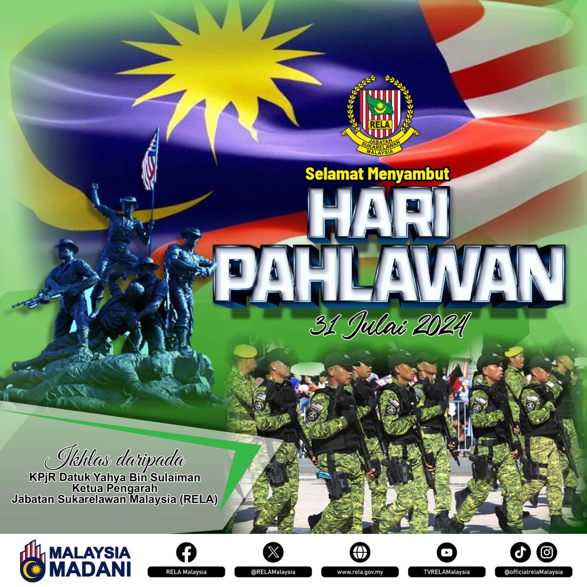 Selamat Menyambut Hari Pahlawan kepada perajurit negara!

Hari Pahlawan disambut pada 31 Julai setiap tahun sebagai memperingati perjuangan dan pengorbanan anggota keselamatan demi kemakmuran serta kedaulatan negara.
#SetiaBerbakti
#RELASiapsiaga
#MalaysiaMadani
#HariPahlawan2024
