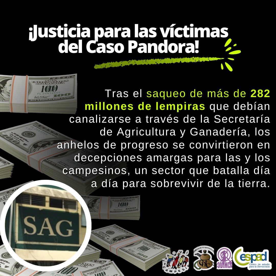 🌱 Los campesinos y campesinas que luchan día a día por sobrevivir de la tierra, vieron sus sueños convertirse en decepción con el saqueo de más de 282 millones de lempiras de la Secretaría de Agricultura y Ganadería (SAG).

✊🏽 ¡Justicia para las victimas del Caso Pandora!