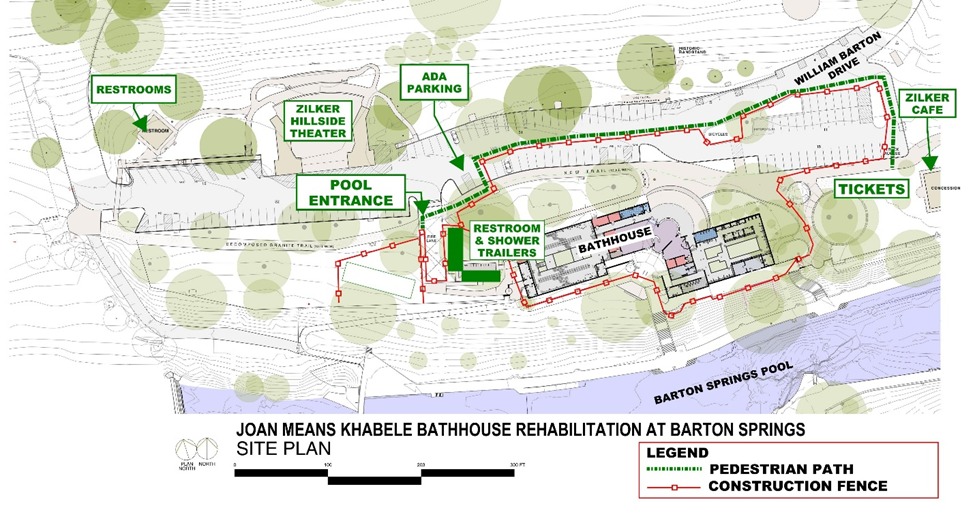 The next Barton Springs volunteer day is Aug. 1 (9am-noon).  Please park uphill from the Bathhouse (green areas in left map), and look for the registration table by  the new north "POOL ENTRANCE" to Barton Springs Pool to the west end of  the bathhouse (right map).  Join us!
