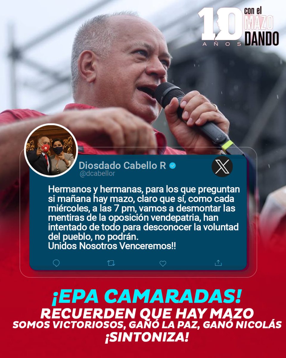 Hay Mazo como todos los miércoles a las 7pm. En defensa de la verdad y de la Paz. <a href="/dcabellor/">Diosdado Cabello R</a> <a href="/ConElMazoDando/">Con el Mazo Dando</a>