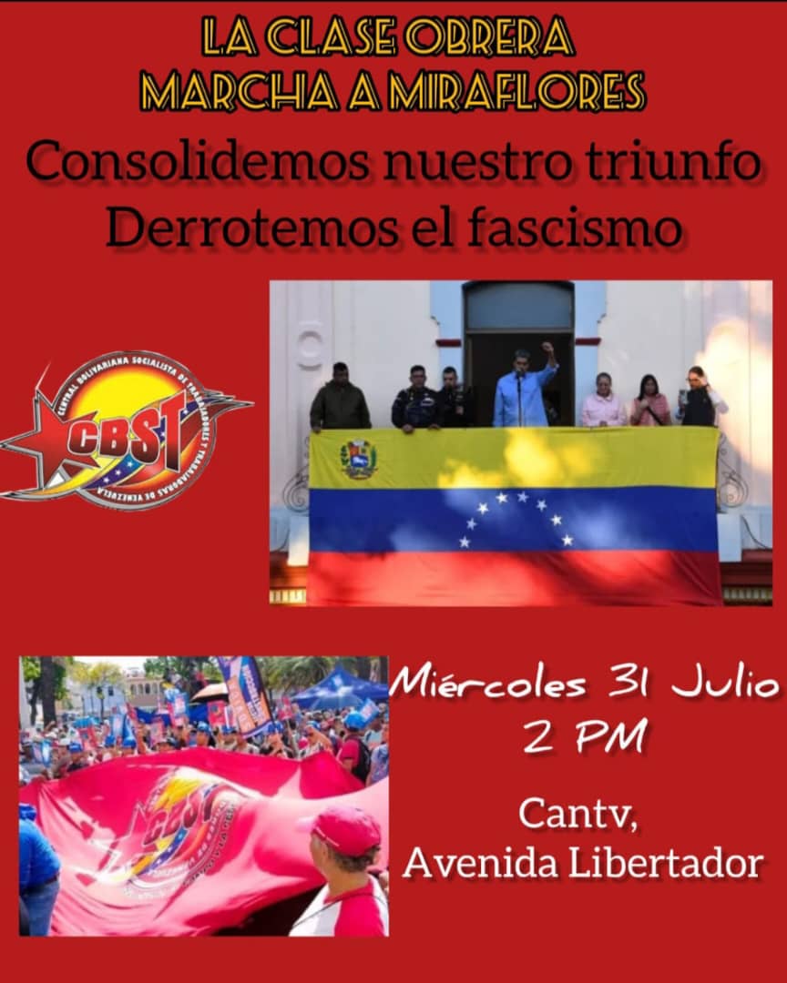 Trabajadores y Trabajadoras 

*CONVOCATORIA*

FECHA
MIÉRCOLES 31 DE JULIO 2024

HORA
2PM

LUGAR
CANTV AV LIBERTADOR CARACAS

#30Jul  #MariaCorinaYEdmundoPresosYA