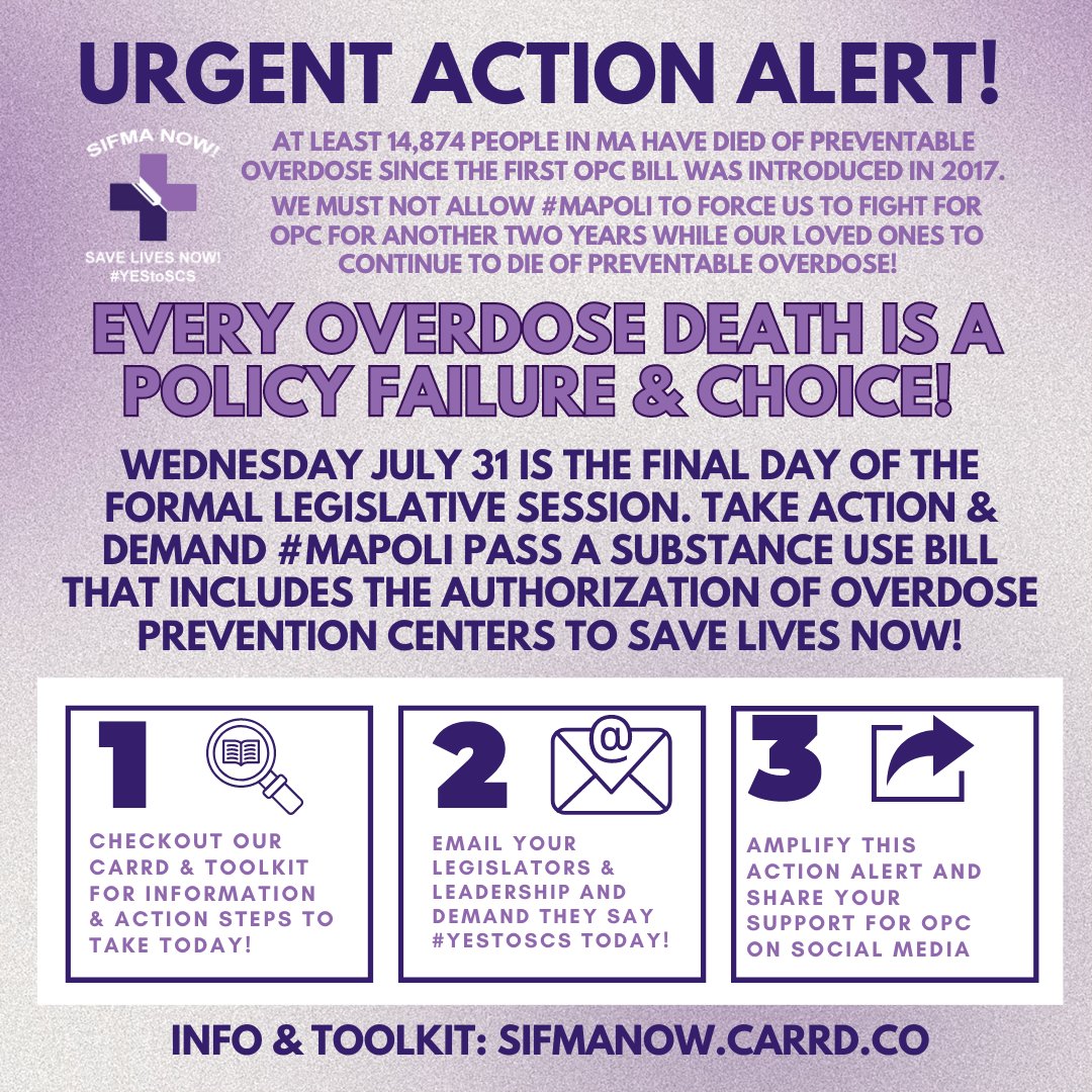 💜TAKE ACTION💜

Today MA Senate passed a substance use bill incl #OPC!

Tomorrow's the last day of the legislative session. 14,874 people in MA died of PREVENTABLE #Overdose since first #SIFMANOW bill in 2016.

Demand #mapoli say #YestoSCS to save lives!

sifmanow.carrd.co