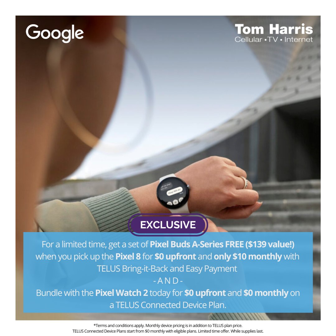 For a limited time, get a set of Pixel Buds A-Series FREE with the Pixel 8 for $0 upfront and $10/mo and bundle the Pixel Watch 2 for $0 upfront and $0/mo on eligible plans! Find your local store at the link below.

tomharris.com/locations/

#Google #TeamPixel #Pixel8 #TomHarris