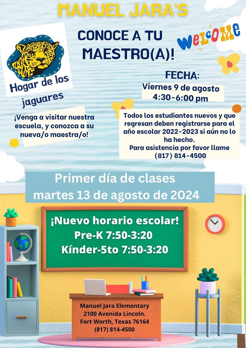 We are exited for the first day of school on Tuesday August 13th! 🍎📚✏️

Don’t forget all students NEW and RETURNING MUST register for the new school year.

For assistance please call 817-814-4500 to set an appointment.

Registration Link: fwisd.org/families/regis…
<a href="/dbenavidez2/">Dorene Benavidez, PhD</a>