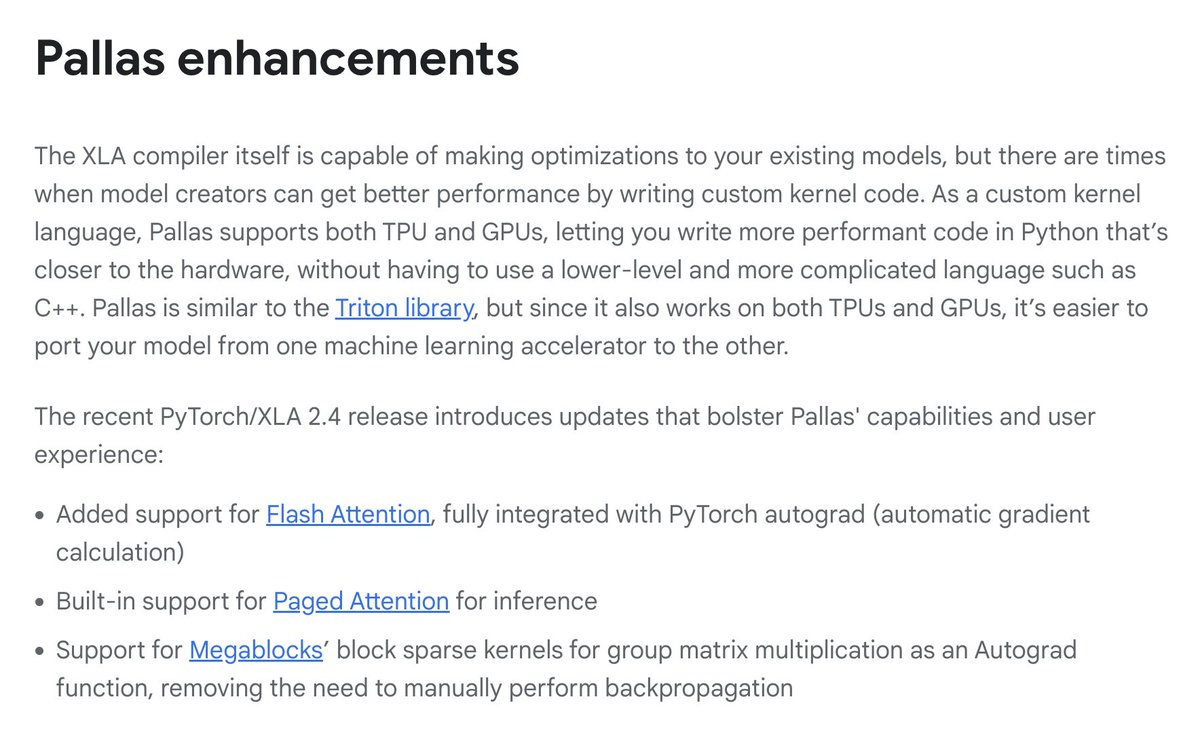 DynamicWebPaige's tweet image. ✨Some shiny new Pallas features in @PyTorch XLA 2.4, including support for Flash Attention and Paged Attention:

cloud.google.com/blog/products/…

(PaigedAttention = activated! 😁)