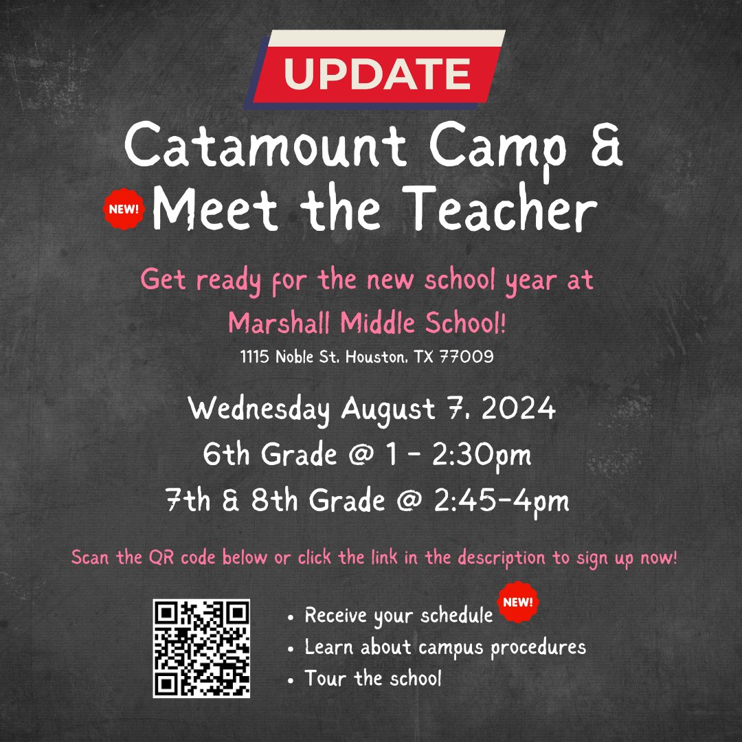 🔔 UPDATE: Join us for Catamount Camp and 🆕 Meet the Teacher on August 7th. 
•6th Grade: 1:00 - 2:30 PM
•7th &amp; 8th Grade: 2:45 - 4:00 PM
🆕 Receive your schedule, learn about campus procedures, and tour the school! Parents are welcome. bit.ly/MMAFACamp2425