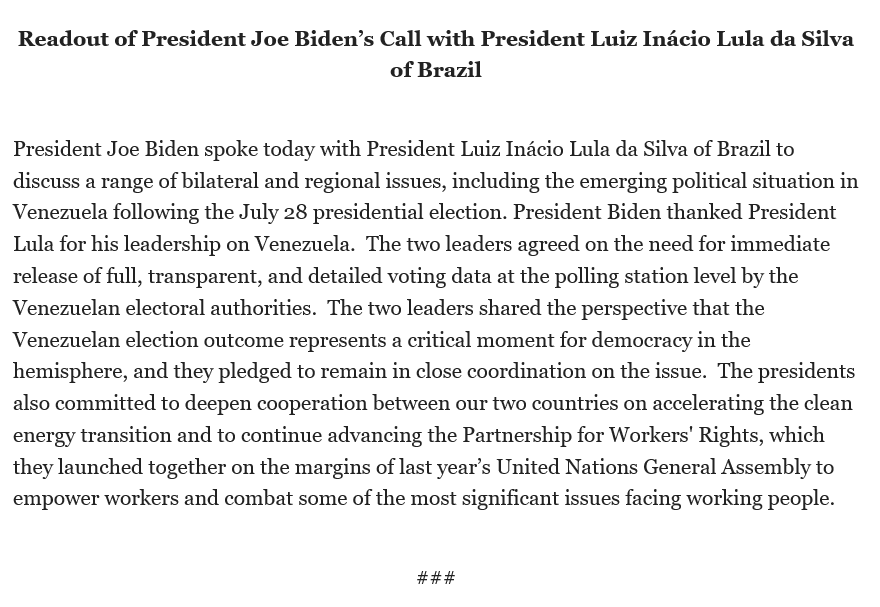 Luisana Pérez Fernández Archived (@luisanaperez46) on Twitter photo Readout of <a href="/POTUS/">President Donald J. Trump</a> Call with President Luiz Inácio Lula da Silva of Brazil:
"The two leaders agreed on the need for immediate release of full, transparent, and detailed voting data at the polling station level by the Venezuelan electoral authorities." Readout of <a href="/POTUS/">President Donald J. Trump</a> Call with President Luiz Inácio Lula da Silva of Brazil:
"The two leaders agreed on the need for immediate release of full, transparent, and detailed voting data at the polling station level by the Venezuelan electoral authorities."