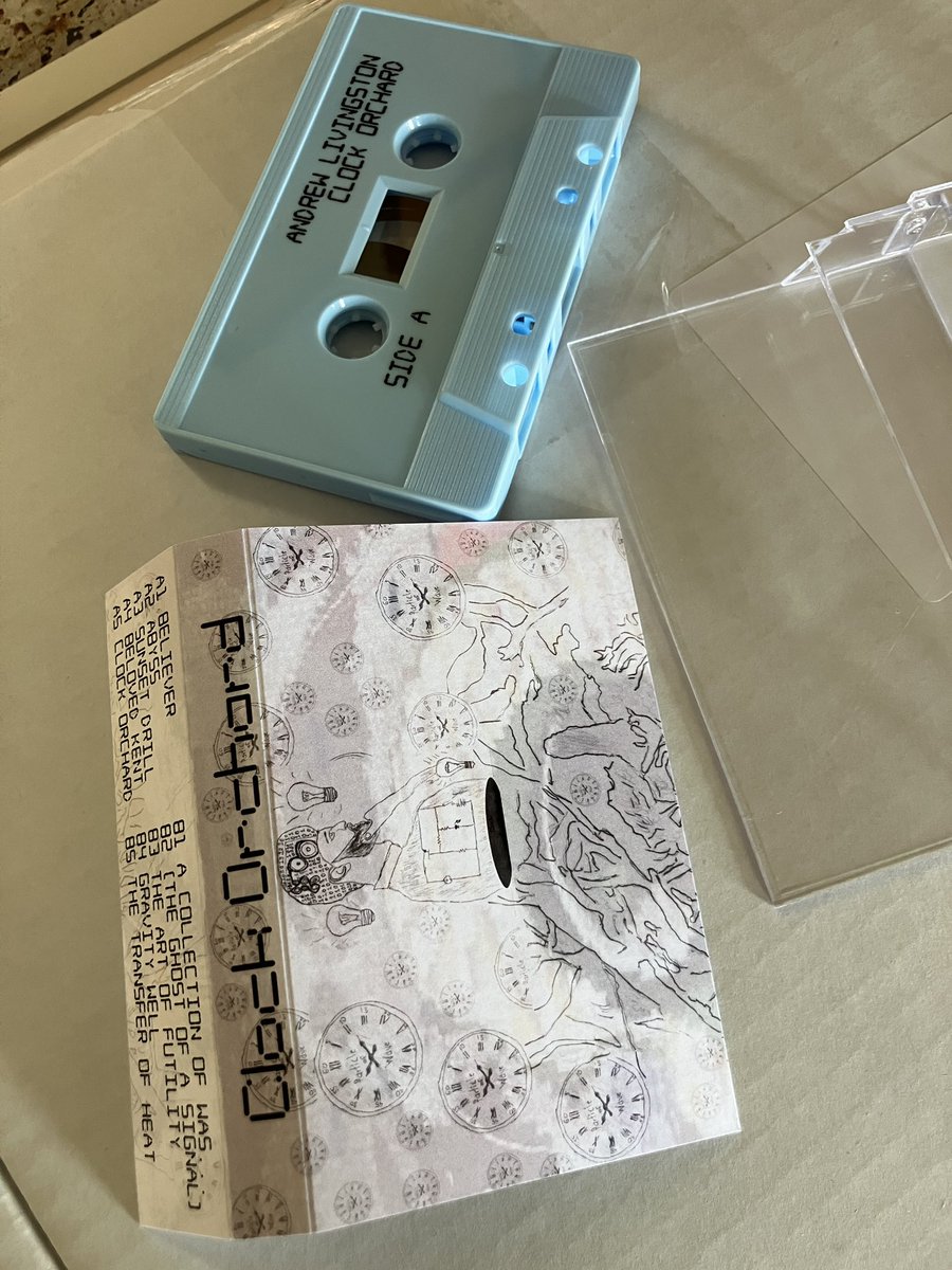 Tapes just came in for the new Andrew Livingston joint. The blue was selected for resonance w a tie you might be made to wear to church as a youngster in 1980s Texas. Grab one at andrewlivingston.bandcamp.com/album/clock-or…