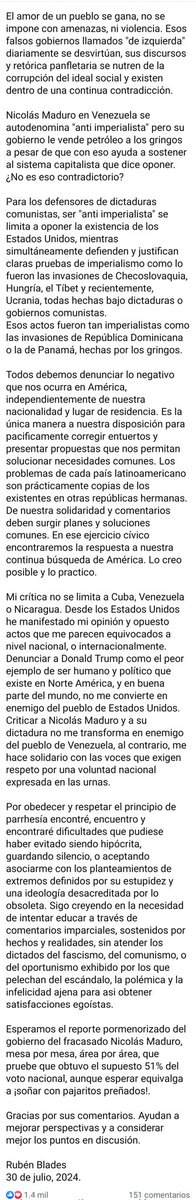 Comunicado de Rubén Blades a la opinión pública y a los ofendidos: