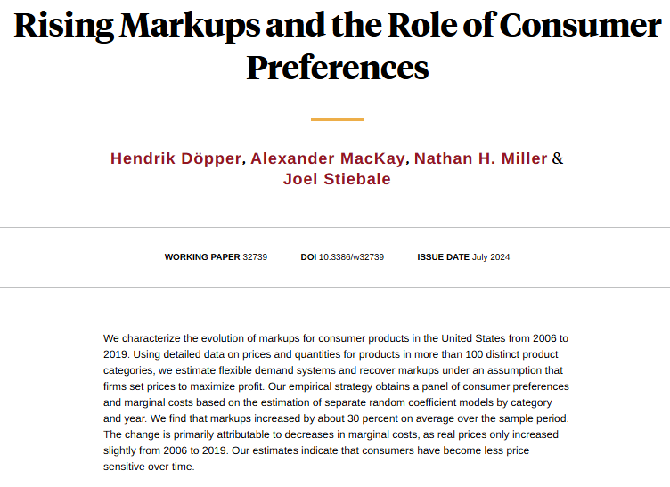 NBER (@nberpubs) on Twitter photo Markups of consumer products increased over 2006–19, primarily due to reductions in marginal cost. Consumers have become less price sensitive, from <a href="/HendrikDoepper/">Hendrik Döpper</a>, <a href="/_amackay/">Alex MacKay</a>, <a href="/NateHMiller/">Nathan Miller</a>, and <a href="/JoelStiebale/">Joel Stiebale</a> nber.org/papers/w32739 Markups of consumer products increased over 2006–19, primarily due to reductions in marginal cost. Consumers have become less price sensitive, from <a href="/HendrikDoepper/">Hendrik Döpper</a>, <a href="/_amackay/">Alex MacKay</a>, <a href="/NateHMiller/">Nathan Miller</a>, and <a href="/JoelStiebale/">Joel Stiebale</a> nber.org/papers/w32739