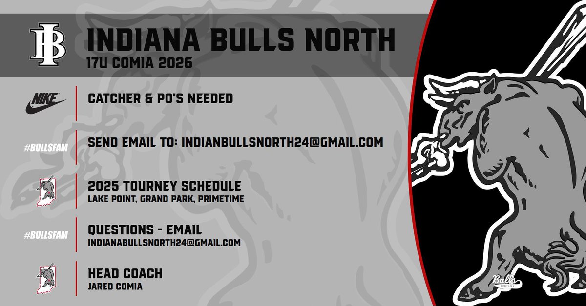 Indiana Bulls North 2025 17u Comia is looking for a 2026 Catcher and 2-PO’s. If interested please see flyer for details.