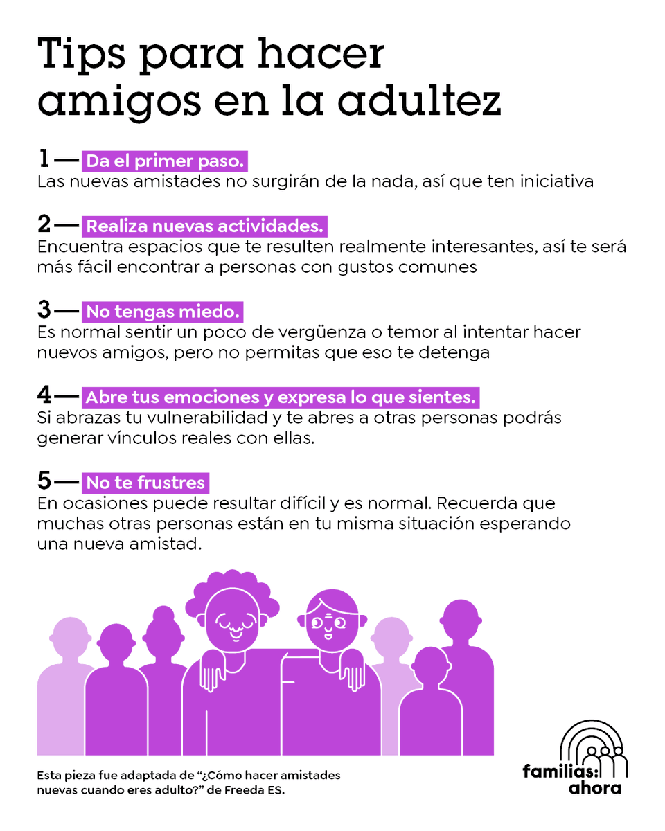 En “Familias: Ahora” sabemos que diversificar nuestras relaciones es importante para nuestro bienestar, así que te dejamos estos tips para que tomes la iniciativa, hagas actividades diferentes y encuentres formas de relacionarte con nuevas personas 🫂.

 #DíaDelAmigo #Amistad
