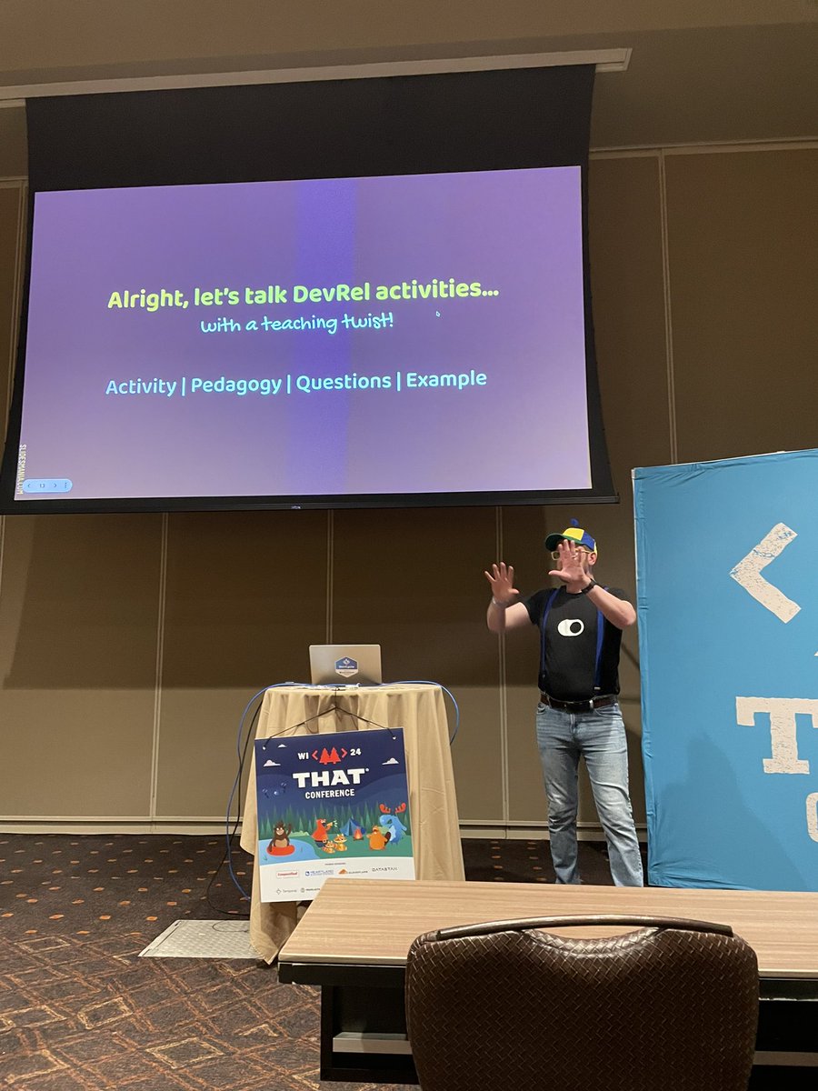 Watching <a href="/andrewdmaclean/">Andrew MacLean</a> and <a href="/MetzinAround/">metzinaround on bluesky</a> talk about teaching concepts in DevRel at <a href="/ThatConference/">THAT Conference</a> 

I swear that’s Andrew behind the hand.