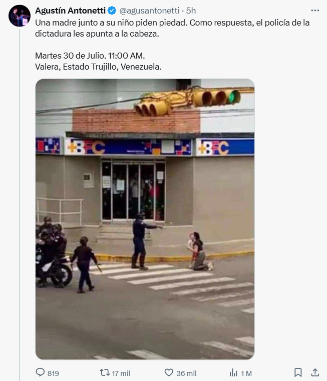 JulianMaciasT's tweet photo. Agustín Antonetti, de la fundación Libertad de Atlas Network, lanza esta mentira, ya lleva 17K rts.
En el vídeo se ve que la policía no apunta a nadie a la cabeza, que la verdad no te estropeé un titular.
Por desgracia la mentira y el uso de bots es permitido y premiado en X. https://t.co/KVo2lvALC0