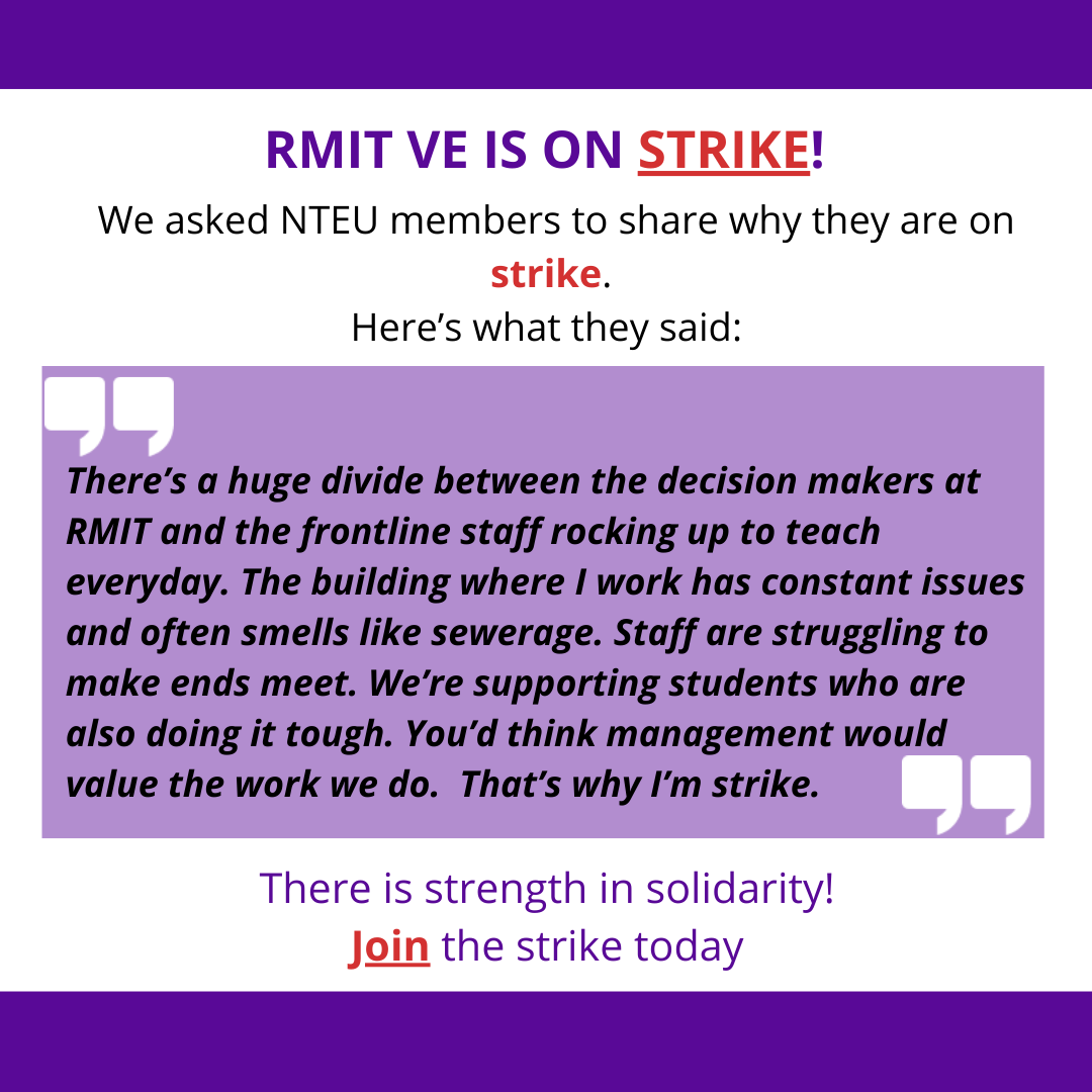 NTEU Victoria (@nteuvictoria) on Twitter photo Why are VE teachers at <a href="/RMIT/">RMIT University</a> on strike for an unprecedented two weeks? 900 days without an enterprise agreement and management stalling over new pay and conditions is hurting staff, but the problems at RMIT go deeper...
news.com.au/finance/work/a…
#UnionStrong #HigherEducation Why are VE teachers at <a href="/RMIT/">RMIT University</a> on strike for an unprecedented two weeks? 900 days without an enterprise agreement and management stalling over new pay and conditions is hurting staff, but the problems at RMIT go deeper...
news.com.au/finance/work/a…
#UnionStrong #HigherEducation