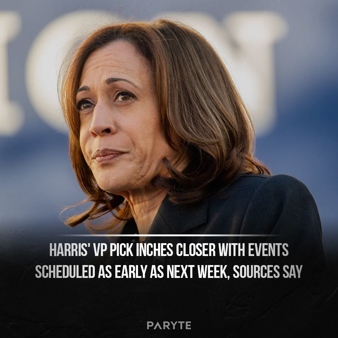 Parytecom's tweet image. Harris' VP pick inches closer with events scheduled as early as next week, sources say.
