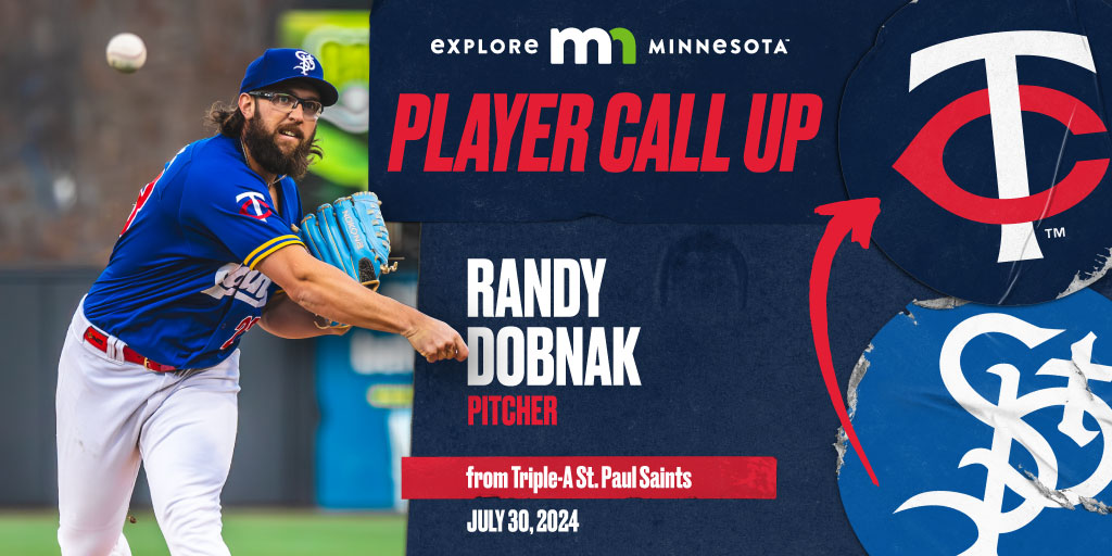 StPaulSaints's tweet image. He's BAAAACK. Congrats to our next @exploreminn Player Call Up, @Dobnak_. In his last 8 starts he was 5-0 with a 1.70 ERA, 16 BB, 42 strikeouts in 42.1 IP. Overall, he's tied for the league lead in wins (9), 3rd in Ks (102) &amp;amp; IP (99.2 IP) &amp;amp; 4th in ERA (3.61). CONGRATS DOBBER