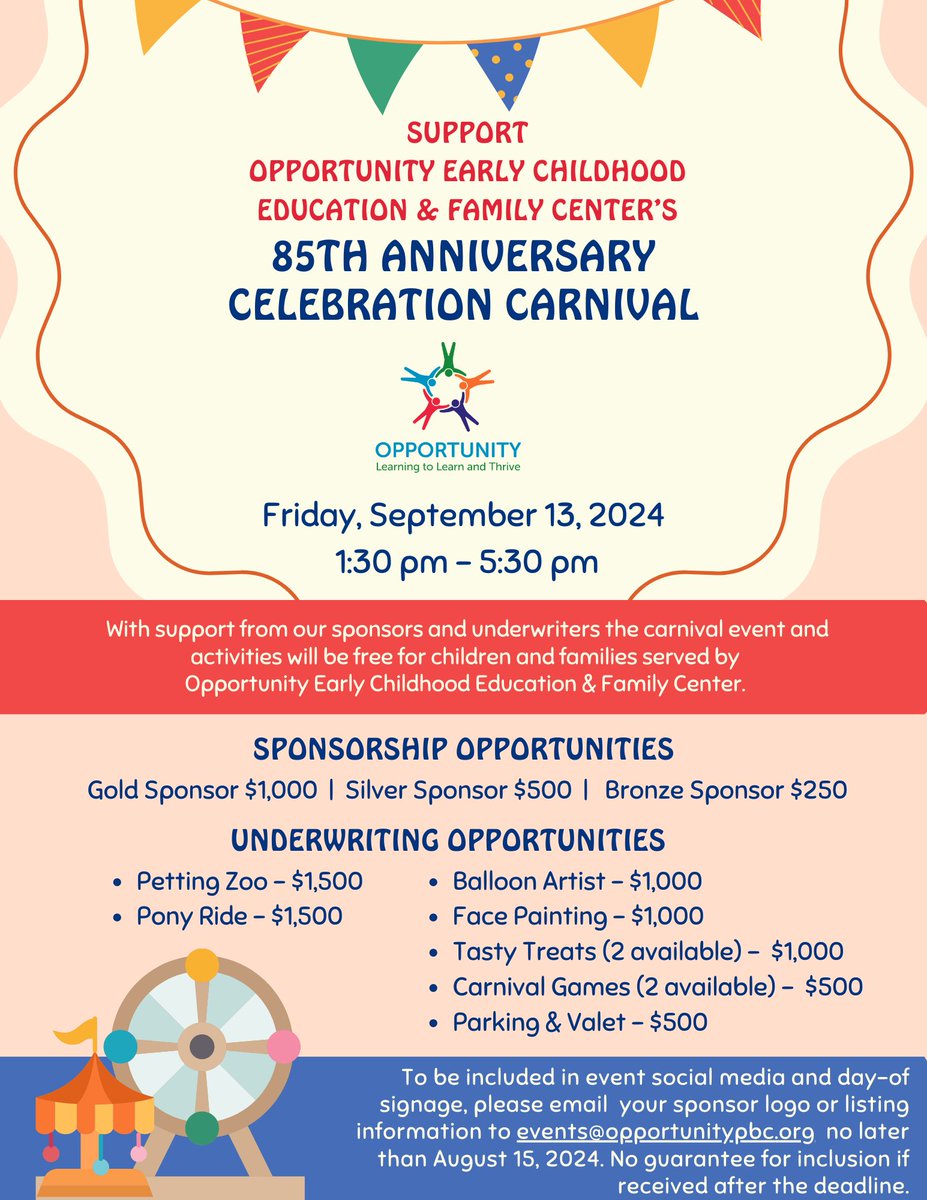 AtwaterEvents's tweet image. Underwrite the pony rides and/or the petting zoo at @Opportunitypbc's 85th Anniversary Celebration Carnival! shorturl.at/lCrGn