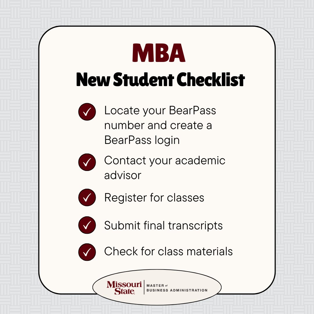 MOStateMBA's tweet photo. Starting your journey with us? Here’s a quick checklist to ensure a smooth transition. 📋

We’re thrilled to have you join our community and look forward to supporting your academic and professional growth. Let’s have a great semester! 📚

#MSUMBA #NewBeginnings https://t.co/5JSme7Qyzc