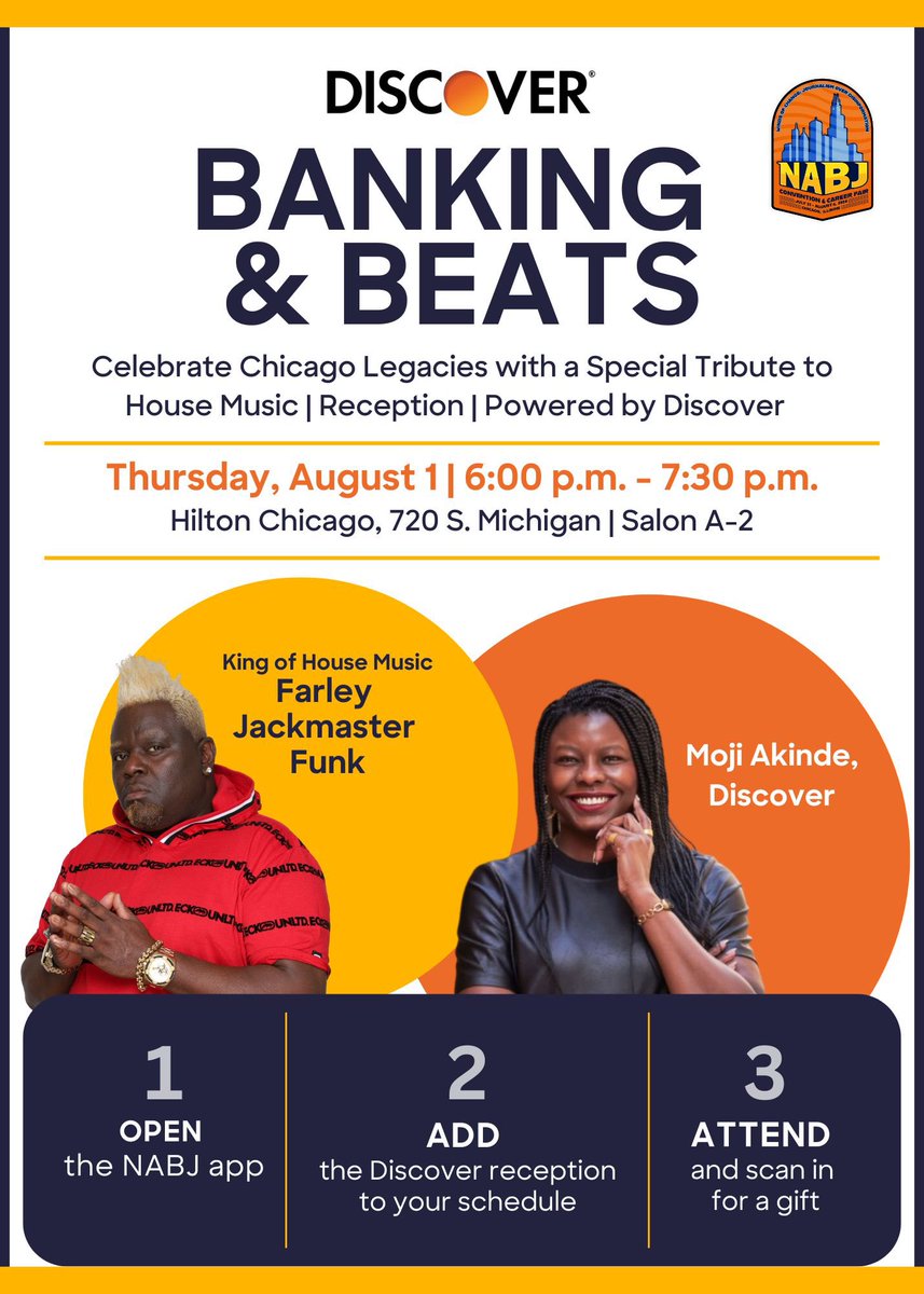 At #NABJ24?
See you Thursday evening at the <a href="/Discover/">Discover</a> and <a href="/NABJ/">#NABJ Headquarters ✊🏾🖊️🎙️💻 📷 🎥 📝 🔈</a> partner reception for financial &amp; business beat journalists, featuring Moji Akinde and DJ Farley Jackmaster Funk. #HouseMusic #ClientNews