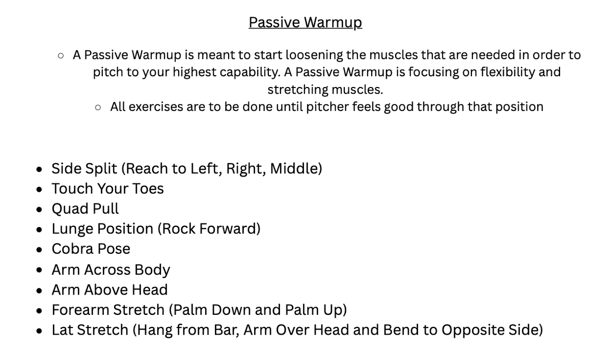 #5). Pre Game Warmup Routine

This article covers:
     -Why it is important
     -What each portion of the routine is for
     -Gives exercises for each portion (with extras in video)

Right at the link below!
anyandeverythingpitching.com/5-pregame-warm…