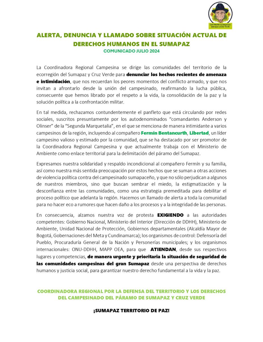 susanamuhamad's tweet photo. Expreso mi profunda solidaridad con el líder campesino y firmante de paz Fermín Betancurth - Libertad, colaborador del Ministerio de Ambiente como enlace territorial para la delimitación del páramo de Sumapaz, quien ha sido amenazado junto a otros campesinos de la región por su incansable labor comunitaria y de defensa territorial. 

Rechazamos contundentemente estos actos de estigmatización y violencia. Nos unimos al llamado campesino por la paz y reafirmamos nuestro compromiso con la protección de los líderes y lideresas que trabajan por el bienestar de nuestro territorio.