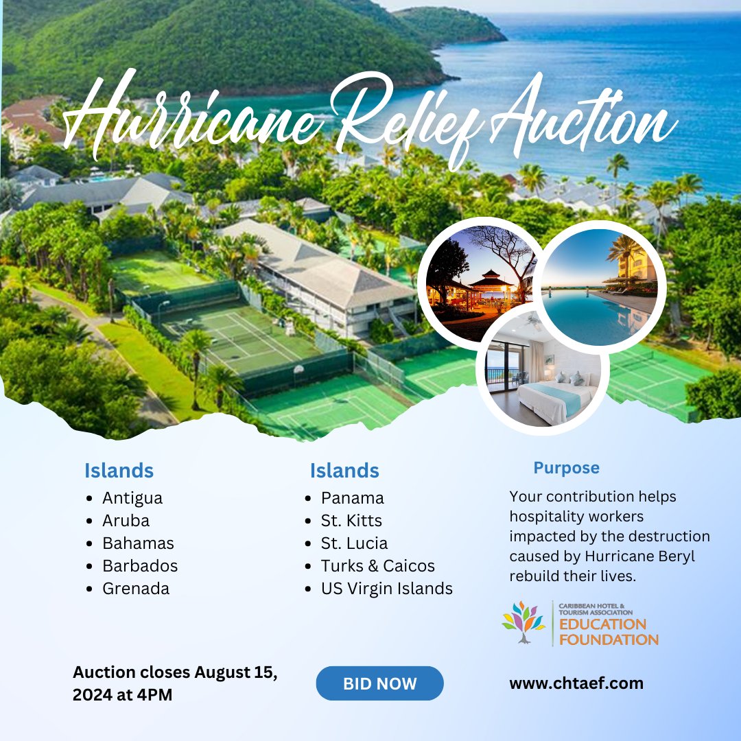Our Hurricane Relief Auction is now live.

Bid on 26 fabulous stays and support Caribbean hospitality workers impacted by #HurricaneBeryl in June and July 2024.

Bid now at one.bidpal.net/2024hurricanes…

#chtaef #travelauction