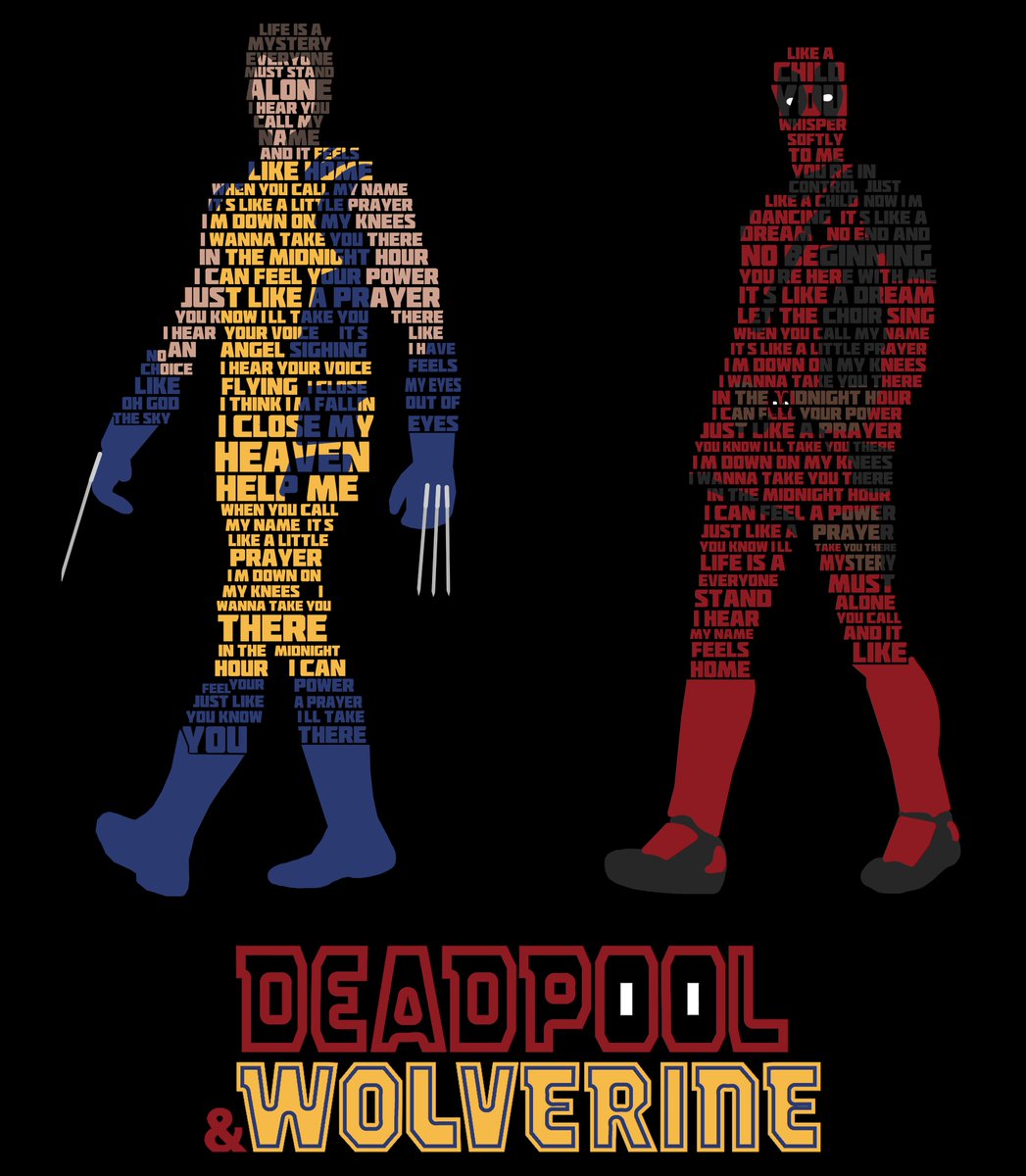 I just made this digital art inspired by the new Deadpool &amp; Wolverine movie, using Madonna's Living on a Prayer lyrics. I absolutely loved the movie, gave me so much nostalgia, heart and laughs. <a href="/VancityReynolds/">Ryan Reynolds</a> <a href="/RealHughJackman/">Hugh Jackman</a> <a href="/ShawnLevyDirect/">Shawn Levy</a> #DeadpoolWolverine #LFG