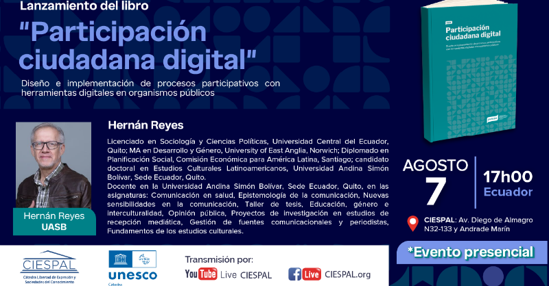 ciespal's tweet photo. #CátedraUnescoCiespal | 
Lanzamiento 📘 
“Participación ciudadana digital” editado por @GabrielKaplun.

-Paola Racines, @Telecom_Ec 
-Margarita Yépez, @datalat 
-Hernán Reyes, @uasbecuador 
- @GisselaDavilaC, #CIESPAL 

🗓7 ago.17h00 🇪🇨

📍CIESPAL

Info.🔗 https://t.co/dbsqHXXsfL https://t.co/peE2mf9Vaa