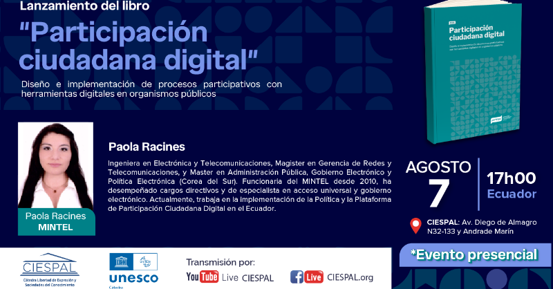 ciespal's tweet photo. #CátedraUnescoCiespal | 
Lanzamiento 📘 
“Participación ciudadana digital” editado por @GabrielKaplun.

-Paola Racines, @Telecom_Ec 
-Margarita Yépez, @datalat 
-Hernán Reyes, @uasbecuador 
- @GisselaDavilaC, #CIESPAL 

🗓7 ago.17h00 🇪🇨

📍CIESPAL

Info.🔗 https://t.co/dbsqHXXsfL https://t.co/peE2mf9Vaa