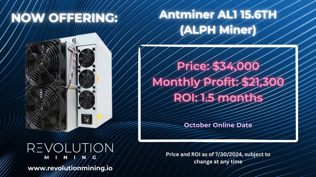 🎉 We're thrilled to announce the Antminer AL1 15.6TH is now available for purchase and hosting at our West Texas facility! 🚀 With the potential for lucrative profits, there's no better time to dive into Alephium mining! 💰🌟
